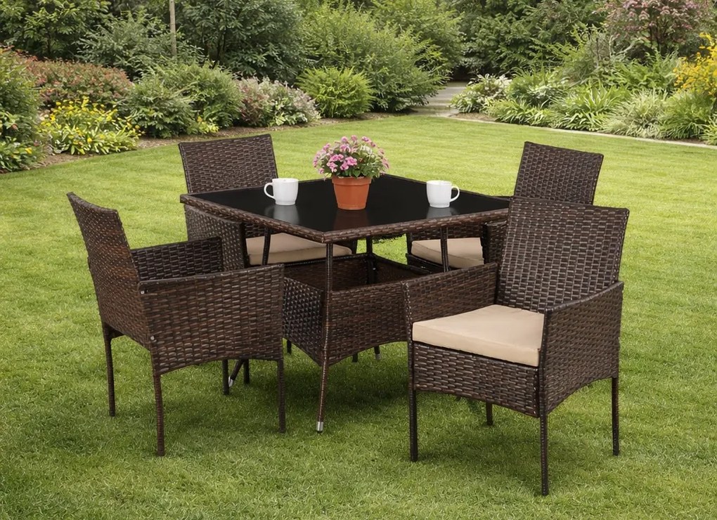Zestaw mebli ogrodowych dla 4 osób Moreno - stół 90x90 i 4 krzesła, brązowy technorattan