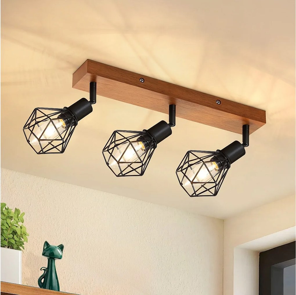 NETTLIFE 3 reflektory sufitowe z czarnego drewna E14 retro metal regulowany 350° do wnętrz MAX.25W do jadalni kuchnia salon sypialnia bez żarówki