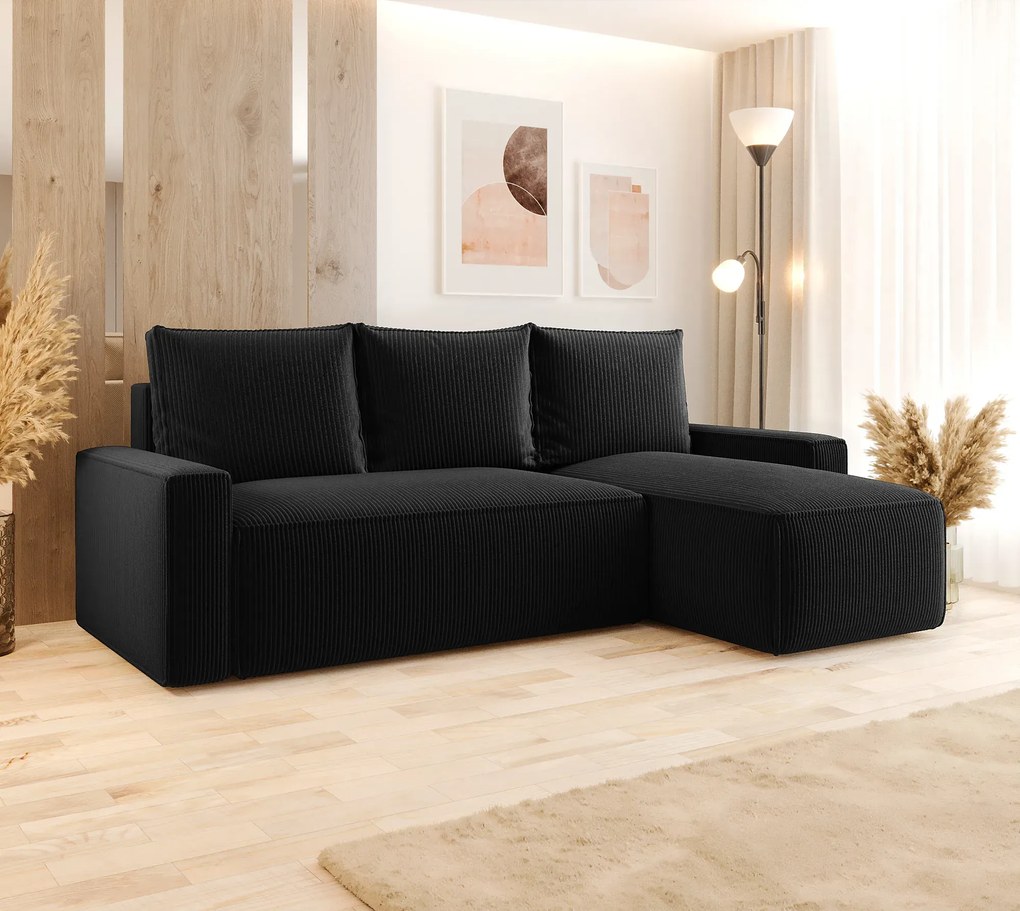 Czarny rozkładany narożnik L z pojemnikiem C6-L30