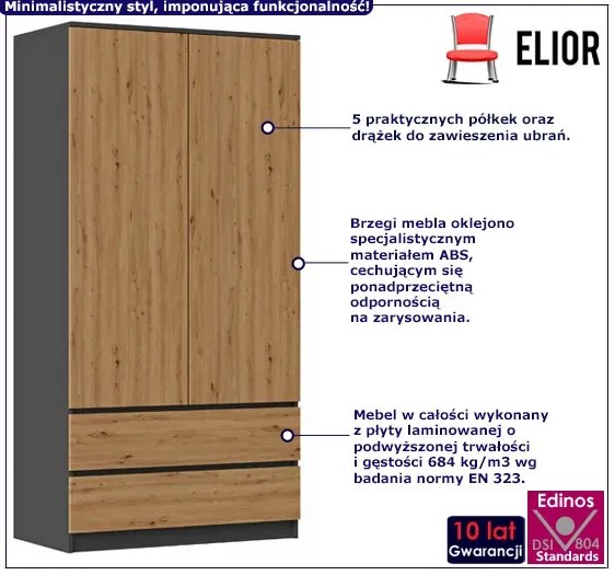 Dwudrzwiowa szafa z szufladami antracyt + dąb artisan - Ollos