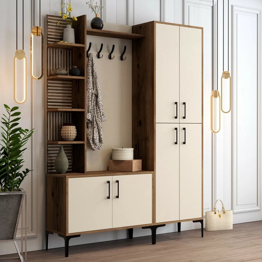 Wieszak z półką na buty, półkami i szafką Viyana Walnut and Cream