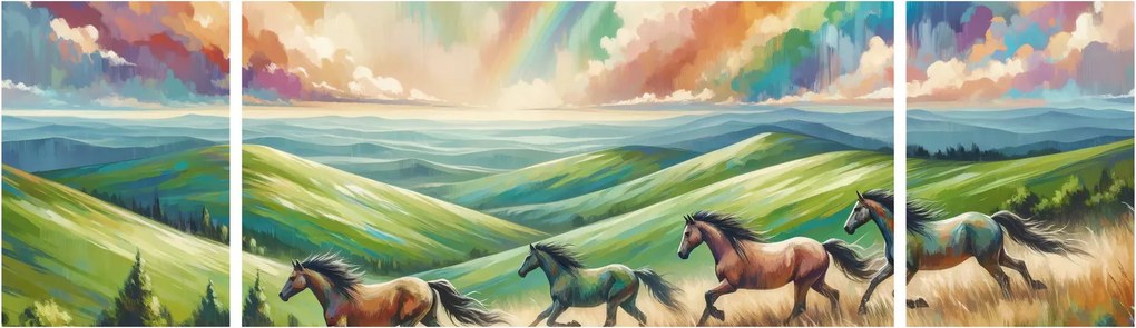 Obraz – Konie galopujące przez krajobraz (170x50 cm)