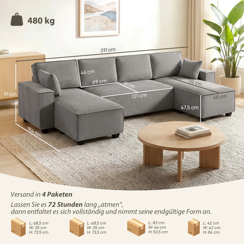 HOMCOM Narożnik z podwójnymi szezlongami, sofa w kształcie litery U z sztruksu, szerokie i głębokie siedzisko, sprężyny kieszeniowe, Jasnoszary | Aosom PL