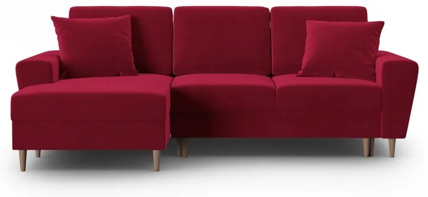 Czerwony aksamitny rozkładany narożnik ze schowkiem (lewostronny/z szezlongiem) Kyoto – Cosmopolitan Design