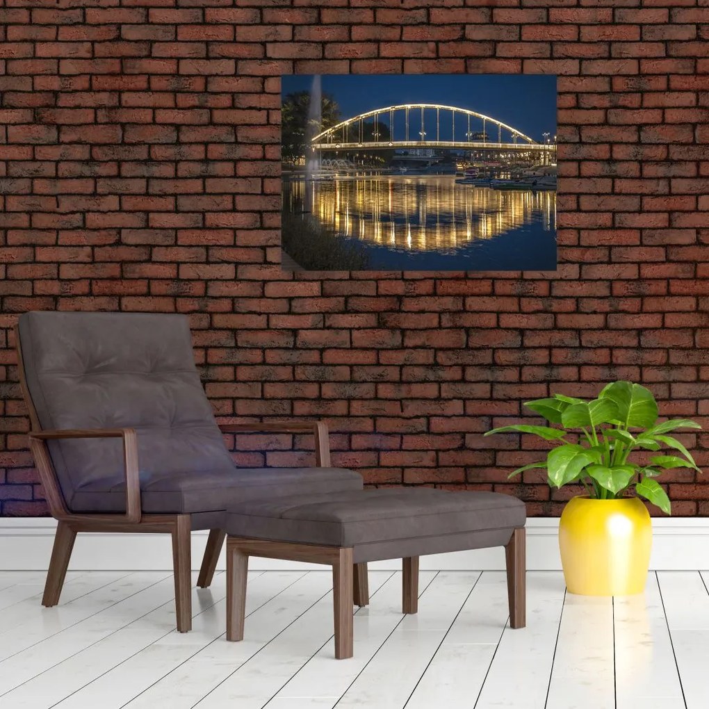 Obraz na szkle - most z fontanną (70x50 cm)