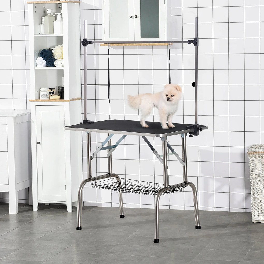 Stół trymerski Stół do strzyżenia z regulacją wysokości z dolnym koszem dla psów składany czarny | Aosom.pl