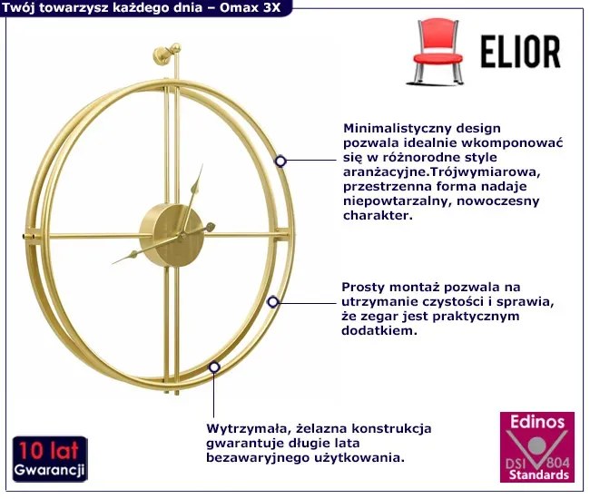 Nowoczesny elegancki złoty zegar 52 cm - Omax 3X