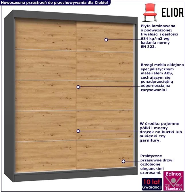 Garderoba z drzwiami przesuwnymi dąb artisan antracyt 160 cm M2-M37