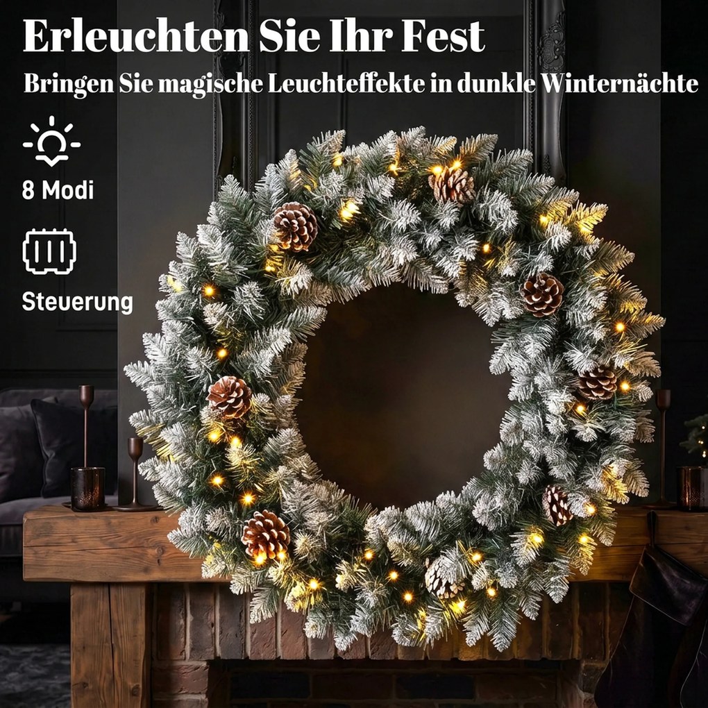 HOMCOM Wieniec świąteczny 60 cm oświetlony, wieniec drzwiowy z 50 LED, szyszki, sztuczny śnieg na Boże Narodzenie i adwent, drzwi wejściowe | Aosom PL
