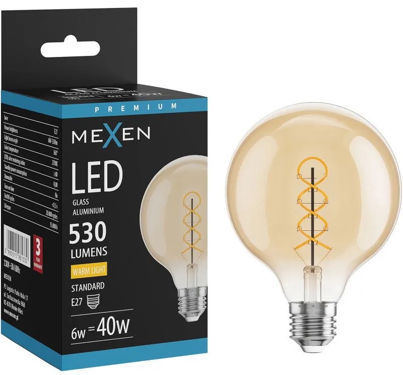 Mexen Vintis żarówka filament spirala LED E27, G95, 6W, Ciepła - 2700K, 530 lm, amber - L167-E27-0627-50