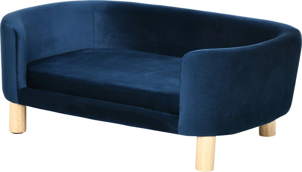 PawHut Sofa dla psa legowisko z weluru holenderskiego z oparciem, drewniane nóżki, poduszka Niebieski | Aosom PL
