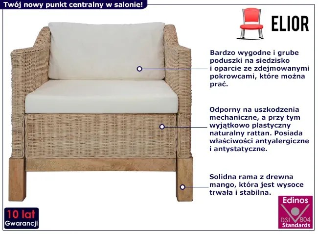 Rattanowy fotel z poduszkami na drewnianej ramie S8-A70