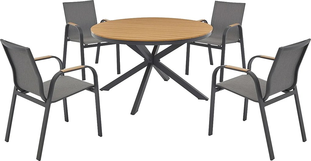 Aluminiowy komplet ogrodowy: okrągły stół D.125 cm i 4 fotele - Antracyt i jasny naturalny - ZEYVA od MYLIA