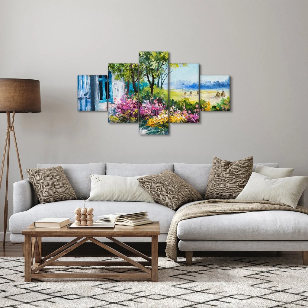 Obraz ogrodu przed domem, obraz olejny (125x70 cm)