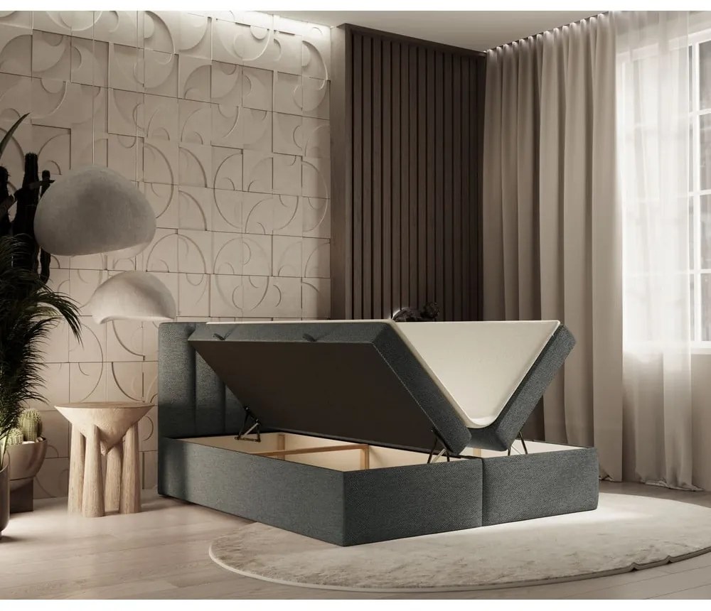 Ciemnoszare łóżko boxspring ze schowkiem 140x200 cm Novento – Maison de Rêve
