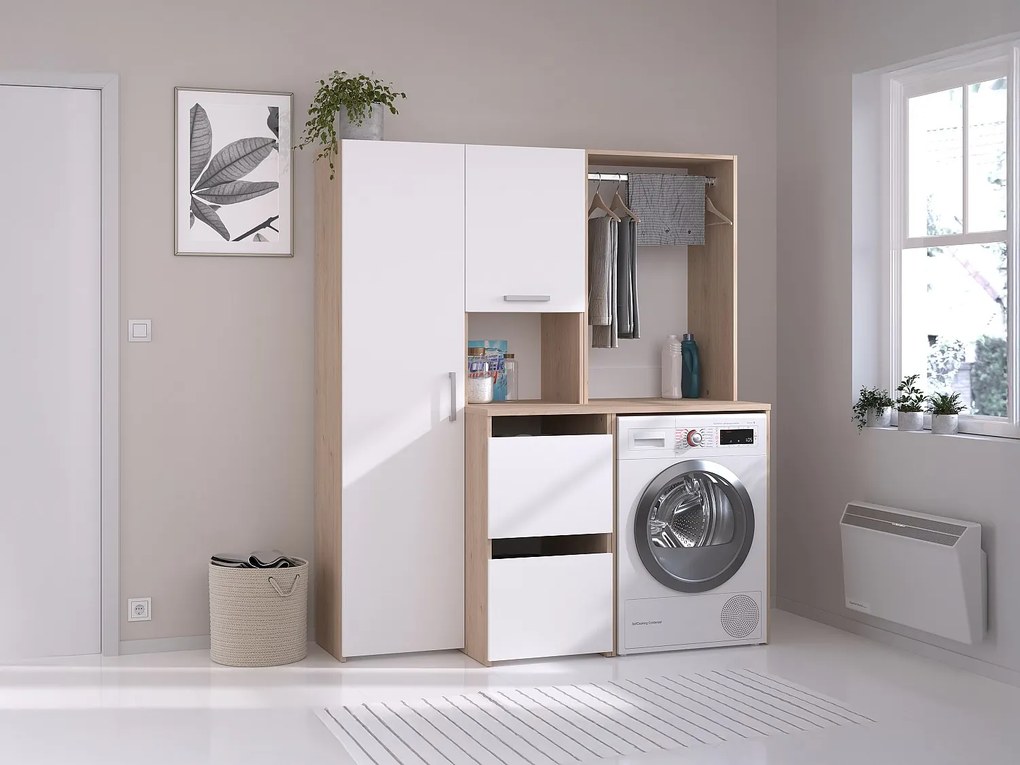 Szafka do pralni z drążkiem, szafką i słupkiem - Naturalny jasny i biały - szer. 157 x wys. 184 cm - ERKANO