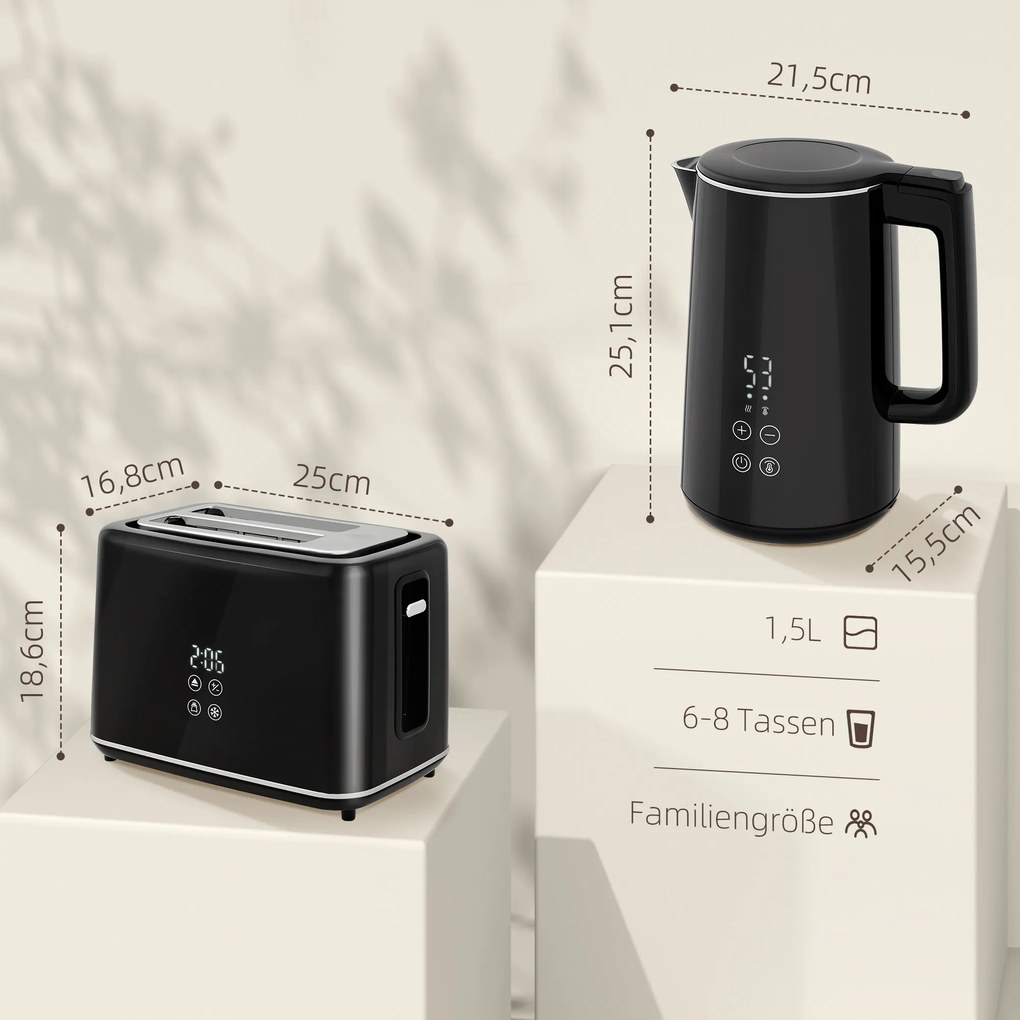 HOMCOM Zestaw kuchenny z czajnikiem i tosterem, 7 stopni zrumienienia, szybkie gotowanie, Stal nierdzewna, Plastik, Czarny
