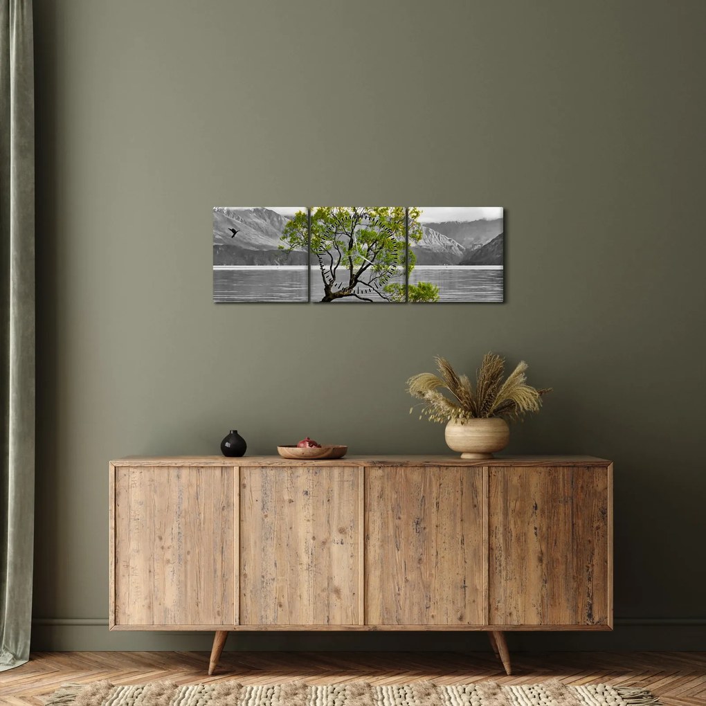 Obraz drzewa na środku jeziora (z zegarem) (90x30 cm)