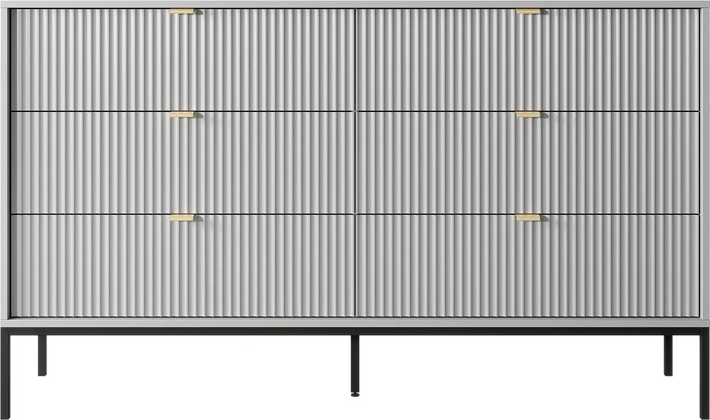 Komoda: 6 szuflad, szara, czarne nogi, 154 x 39 x 83 cm, złote uchwyty