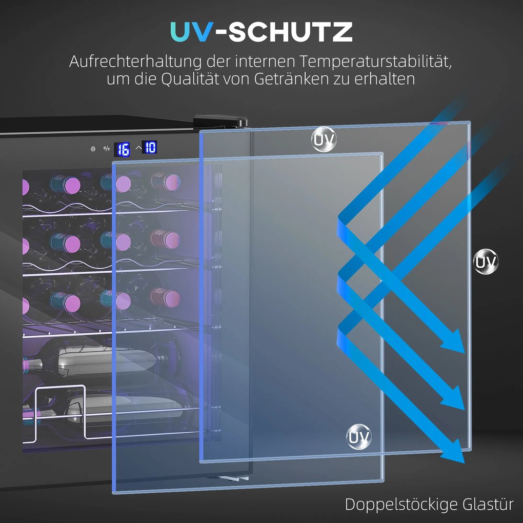 HOMCOM Wolnostojąca chłodziarka do wina, 16 butelek, do domowego baru, salonu, kuchni ekran dotykowy, drzwi szklane, oświetlenie LED