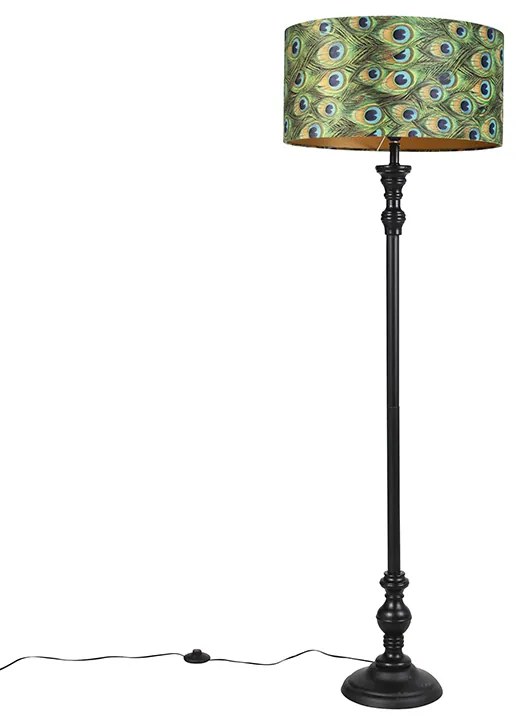 Lampa stojąca czarna z abażurem z aksamitu w kolorze pawiego złota 50 cm - Classico