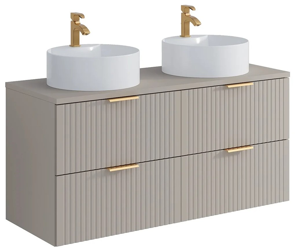 Szafka łazienkowa wisząca  ryflowana z dwoma okrągłymi umywalkami nablatowymi - Beżowy - szer. 120 cm - ZEVARA