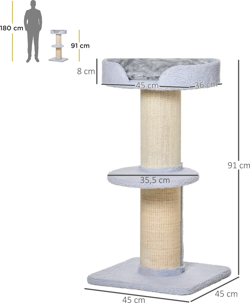 PawHut drapak dla kota wymiary 45x45x91 cm jasnoniebieski plusz i sizal | Aosom PL