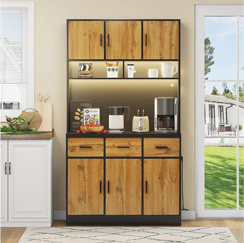 Wysoka komoda z oświetleniem LED, 6 drewnianymi drzwiami i 3 szufladami do przechowywania - czarna