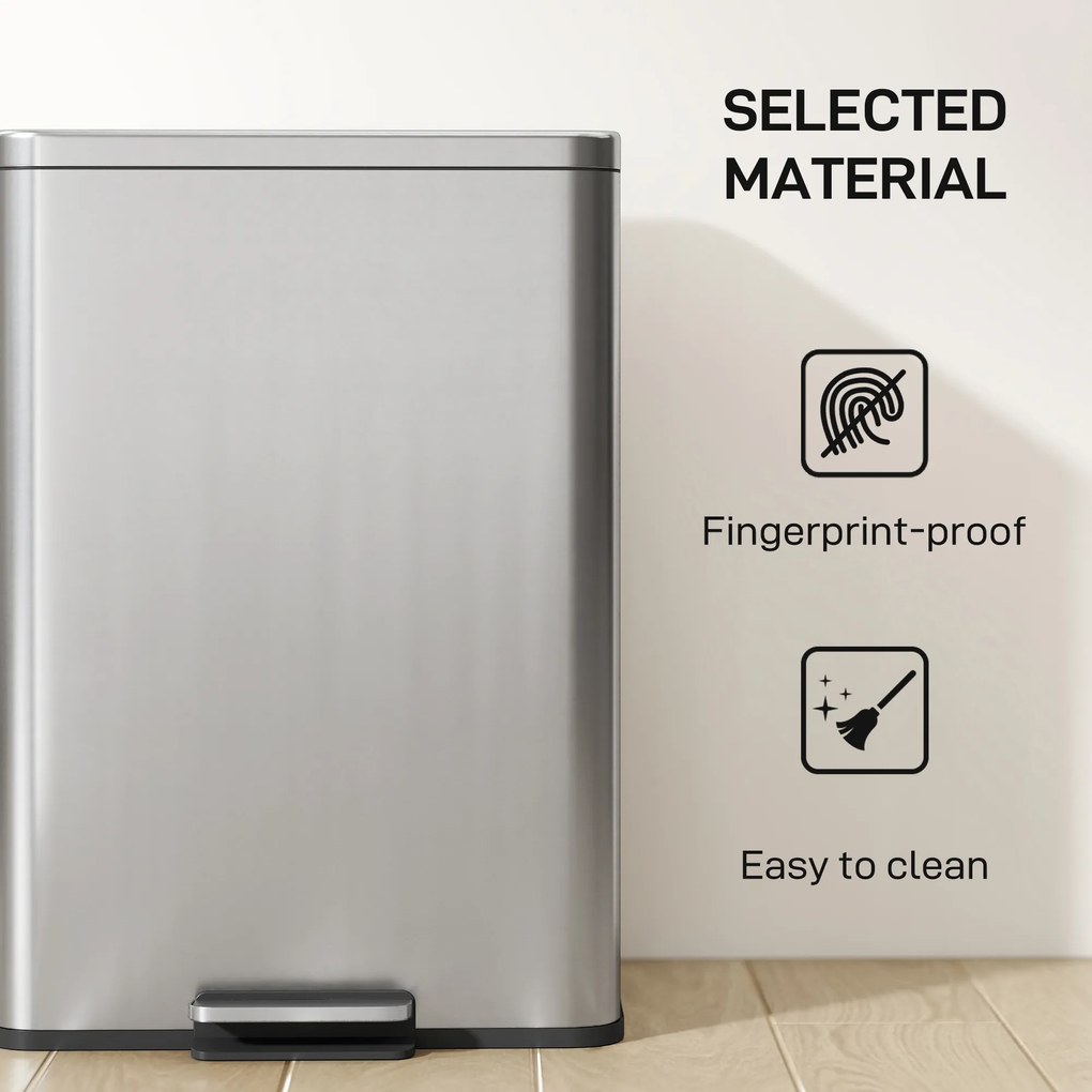 HOMCOM Kosz na śmieci 20 L z pedałem i pokrywą soft-close, wyjmowany wkład, srebrny, 34,2 x 30,6 x 44,2 cm