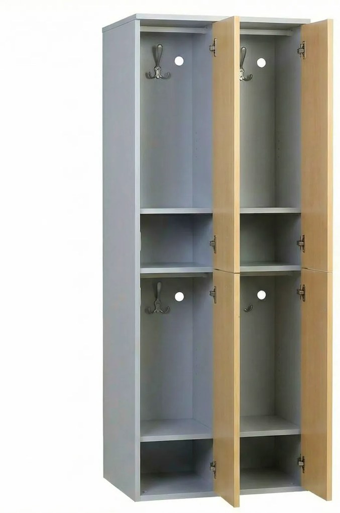 Drewniana szafka skrytkowa S4, 4 schowki, demontaż, zamek mechaniczny z kodem, szary/buk