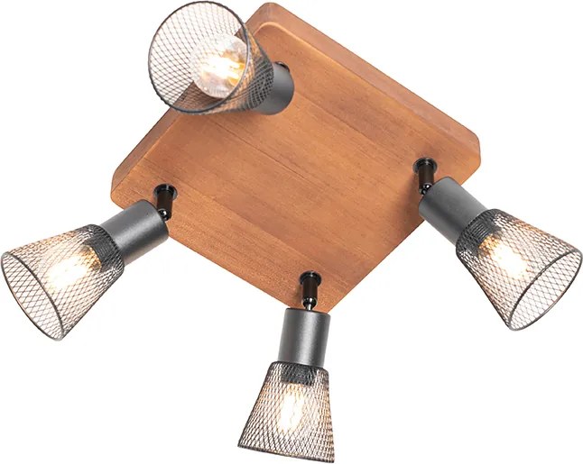 Industrialny reflektor czarny z drewnem 4-światła - Kristina