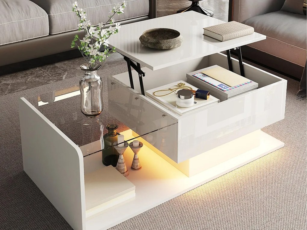 Regulowany stolik kawowy wysokopołysk 100×50×47,5 cm - Szklany blat - Oświetlenie LED - Płyty wiórowe - biały