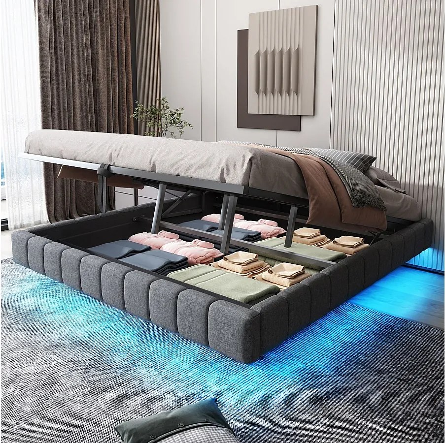 Łóżko 180 x 200 cm z pojemnikiem - Łóżko dla dorosłych z oświetleniem LED - bez zagłówka - szary len - bez materaca