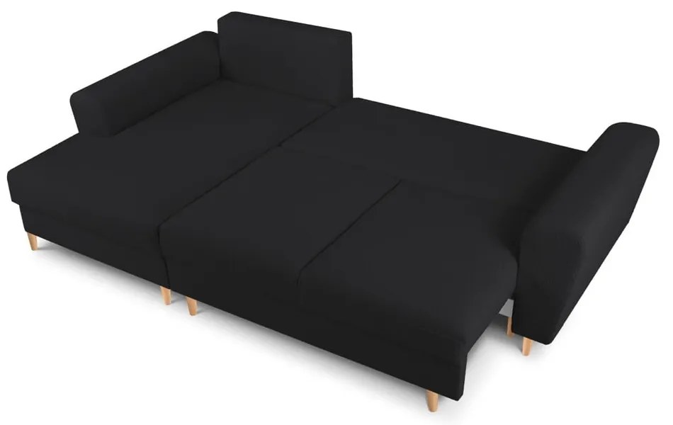 Czarny rozkładany narożnik ze schowkiem z materiału bouclé (lewostronny/z szezlongiem) Kyoto – Cosmopolitan Design