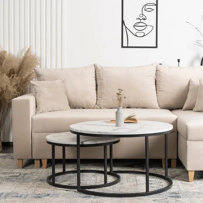 Zestaw Stolików Kawowych DAFNE MAX 60 cm/80 cm Biały Marmur Nowoczesny Glamour