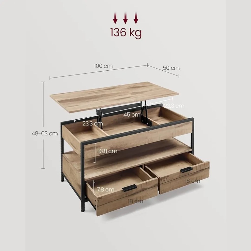 Regulowany stół konferencyjny GASPAR, 50x100x(48-63)cm, camel brąz/czarna Vasagle