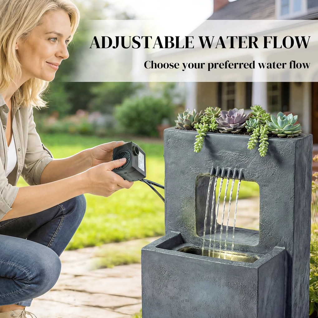 Outsunny Fontanna ogrodowa, 2-poziomowa z oświetleniem LED, donicą, designem kamienia, regulowana, 45 x 31,5 x 58,5 cm | Aosom PL