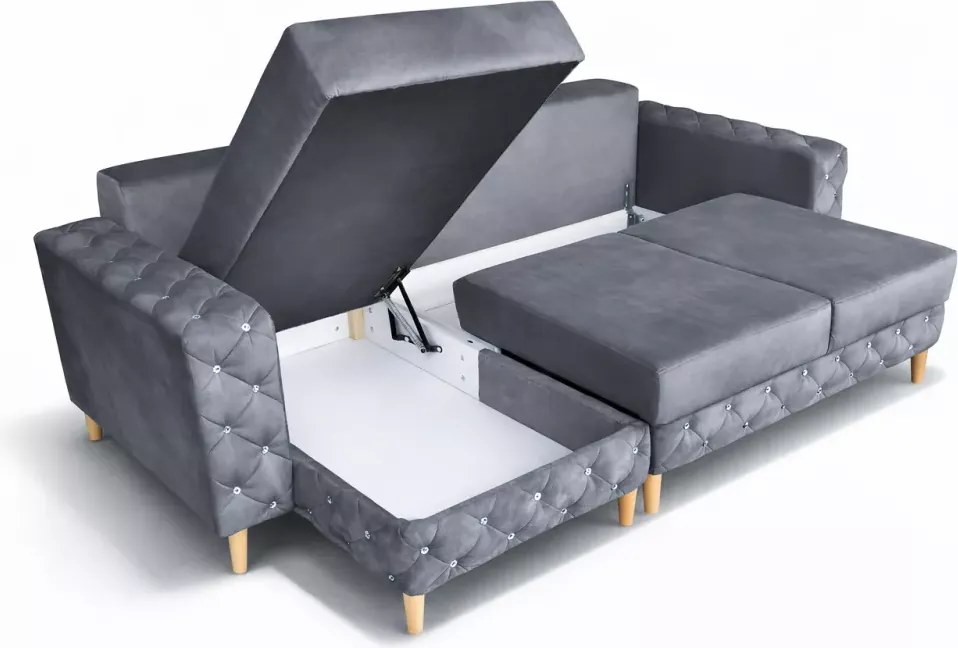 Elegancki tapicerowany narożnik Delux z funkcją spania i pojemnikiem na pościel