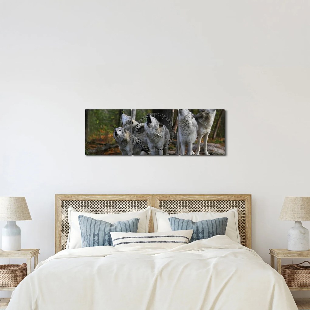Obraz - Wilki na skale (z zegarem) (90x30 cm)