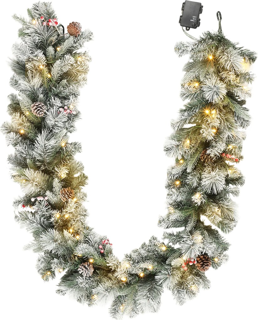 HOMCOM Girlanda świąteczna z 216 obsypanymi śniegiem gałązkami, 50 lampkami LED, Ø25x180 cm, zielona i biała | Aosom PL