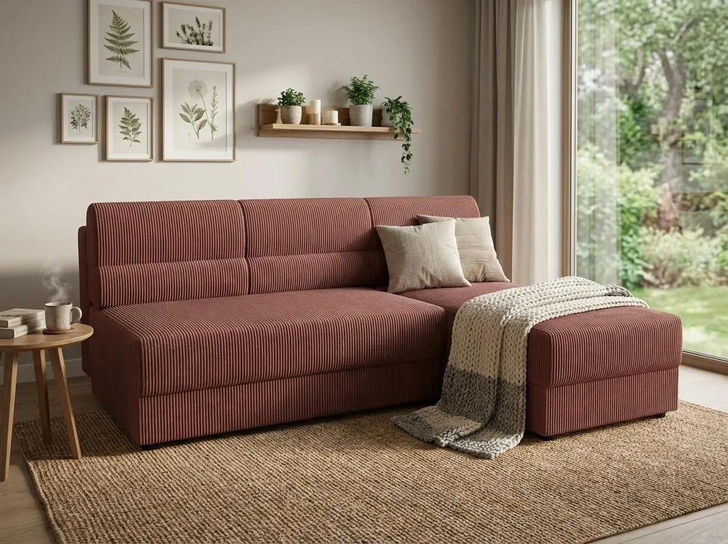 Rozkładana dwustronna sofa narożna do L TAVERO 201x140 cm, ciemnoróżowa