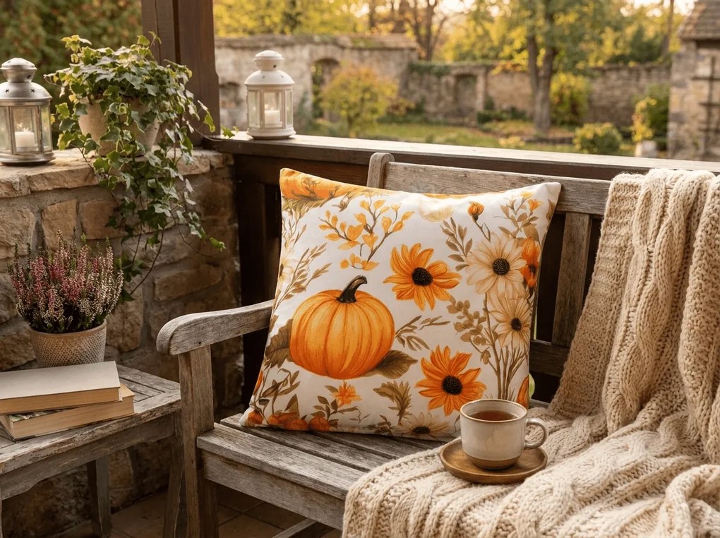 Poszewka na poduszkę z mikrofibry FLOWERS AND PUMPKINS 45x45 cm, pomarańczowy