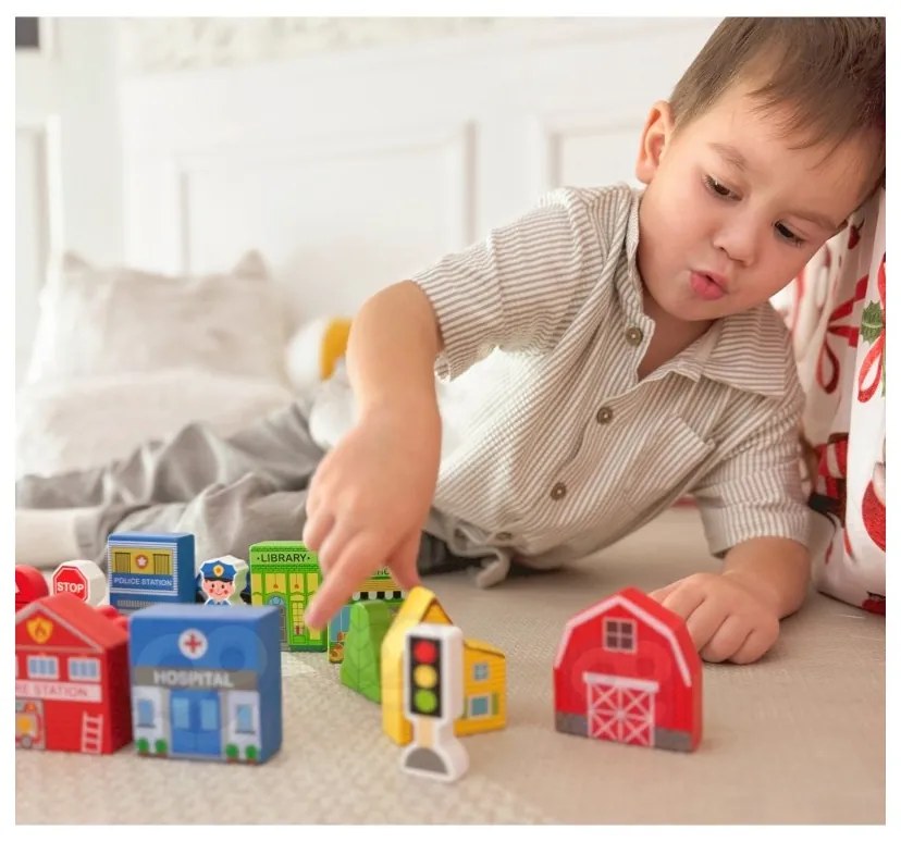 Tooky toy drewniany zestaw budynków i figurek miasto