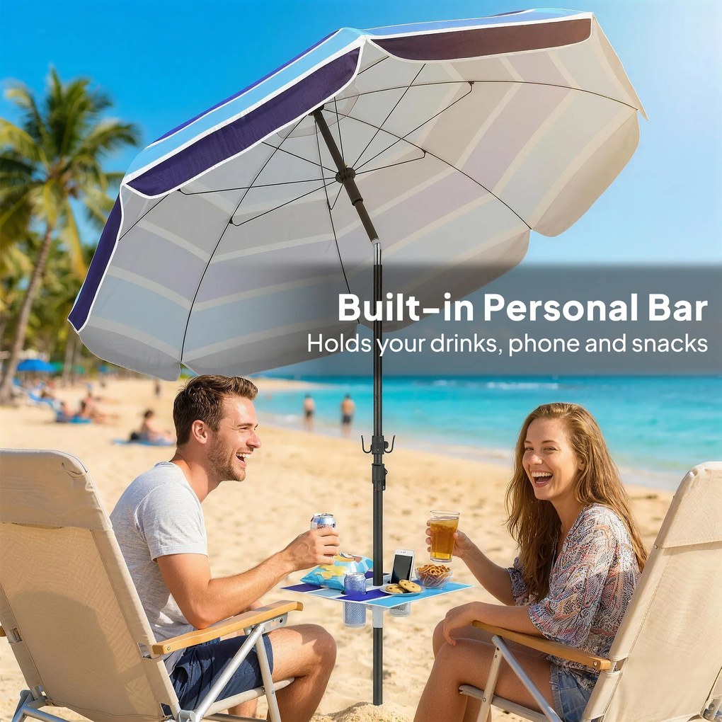 Outsunny Parasol Plażowy Ø198 cm UV30+ z Składanym Stolikiem i Uchwytami na Napoje, Regulowany, Wielokolorowy | Aosom PL