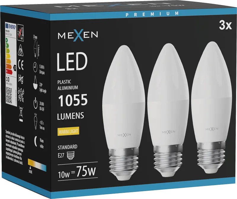 Mexen Nova 3x żarówka LED E27, C37, 10W, Ciepła - 3000K, 1055 lm - L102-E27-1030-01x03