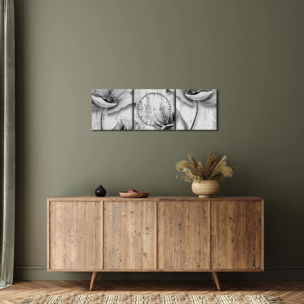 Obraz - Czarno-białe kwiaty na tle (z zegarem) (90x30 cm)