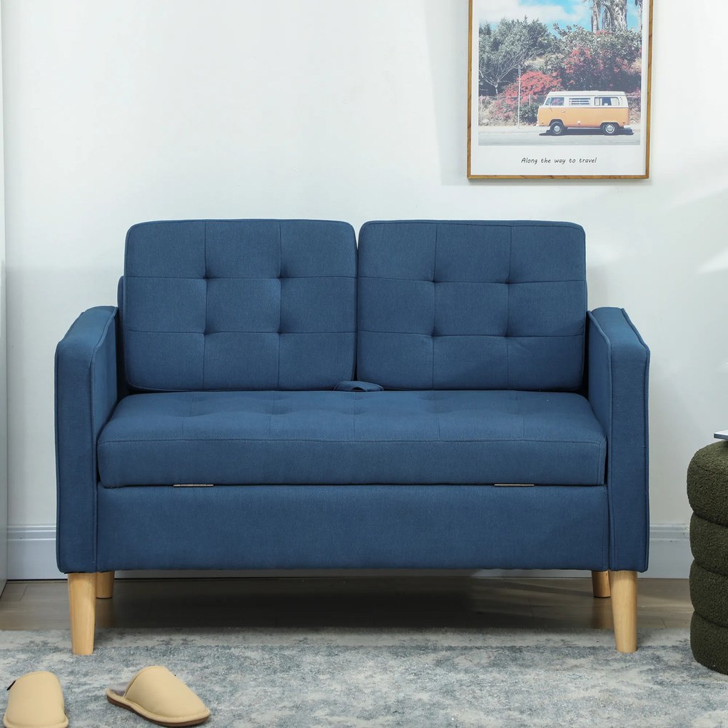 HOMCOM Sofa dwuosobowa z schowkiem, pikowane oparcie, nogi z drewna kauczukowego — 117x62x78 cm, niebieska