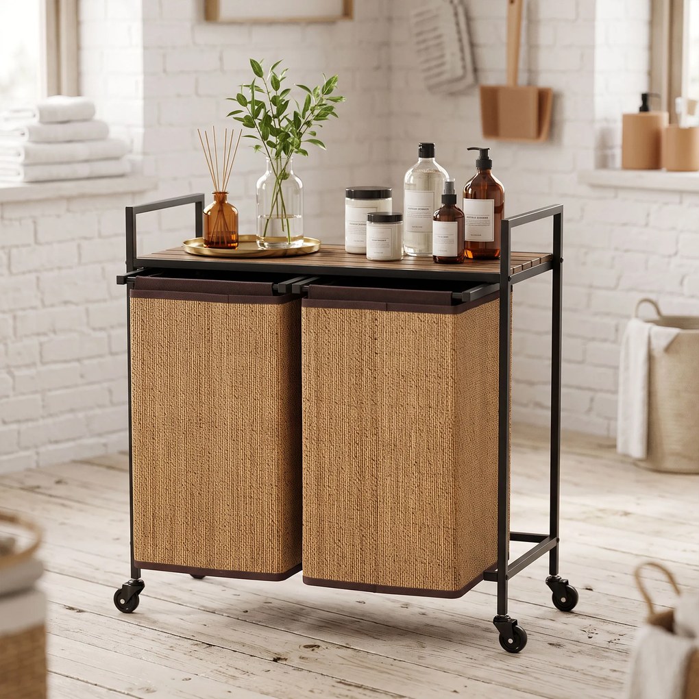 HOMCOM Kosz na pranie bambus 2 komory 120 l, pojemnik z półką, worek na pranie, na kółkach 73x33x78 cm, Brązowy | Aosom PL