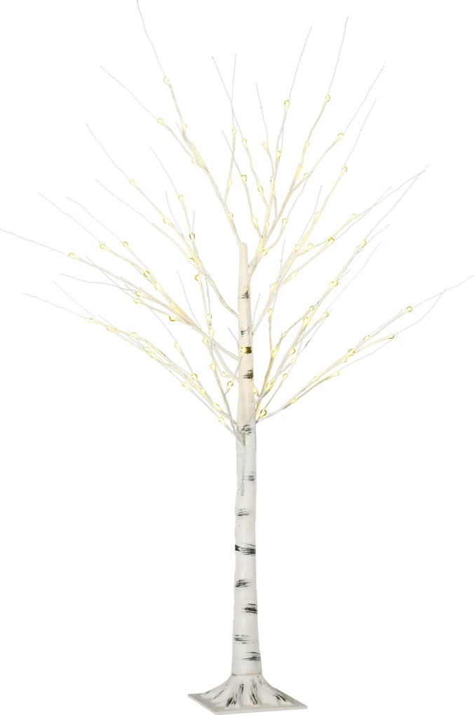HOMCOM Sztuczna Brzoza z LEDami, Elastyczne Gałęzie, Plastik i Metal, 150 cm, Biały