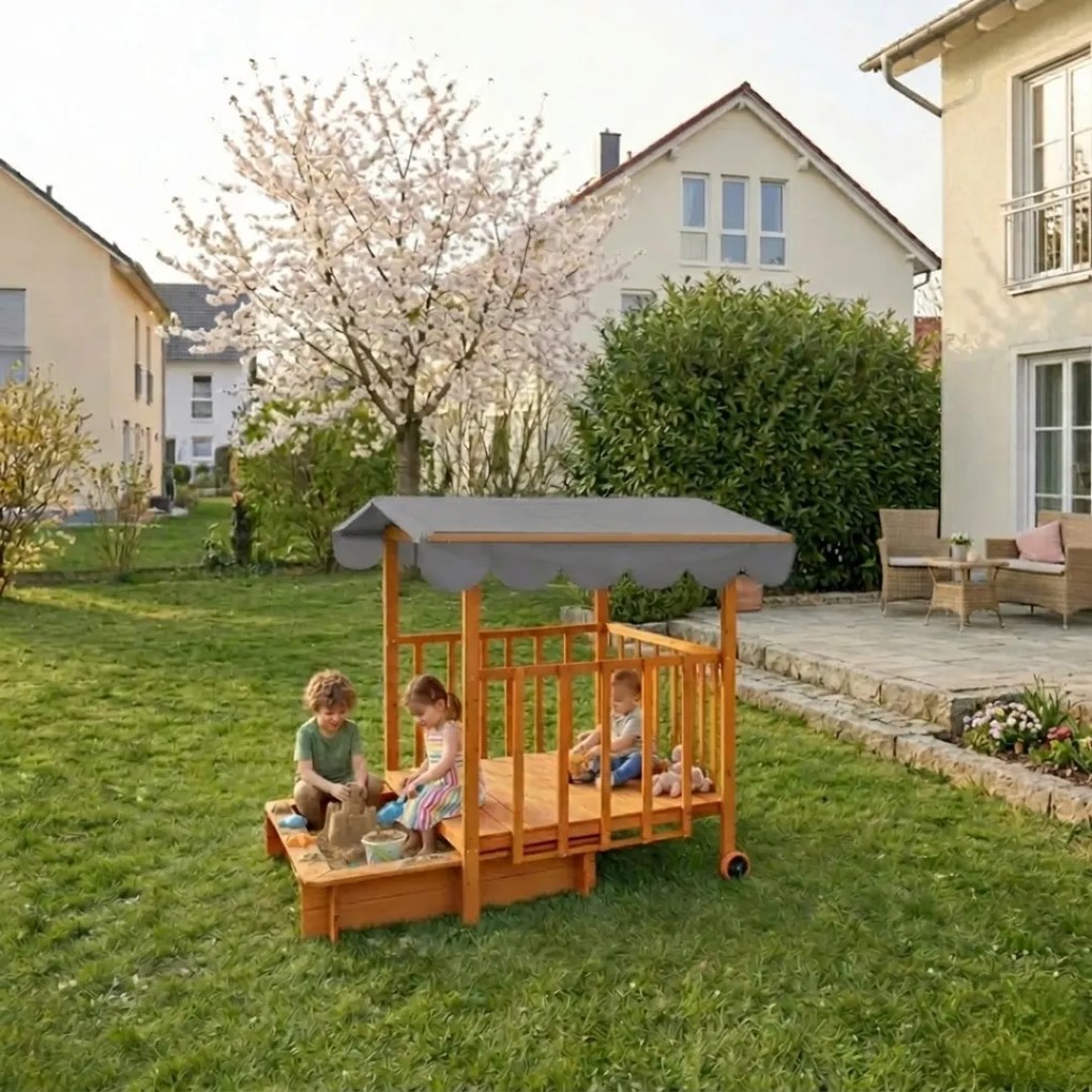 Piaskownica z werandą HAPPY, lita sosna 130 x 130 x 143 cm, brązowo szary Jurhan